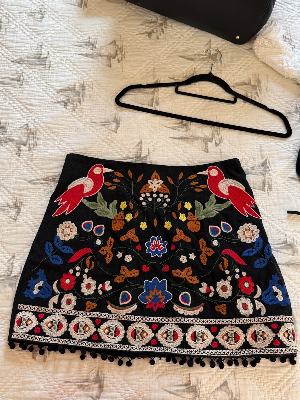 Umgee Black Mini Skirt with Colorful Embroidered Birds & Floral Trim